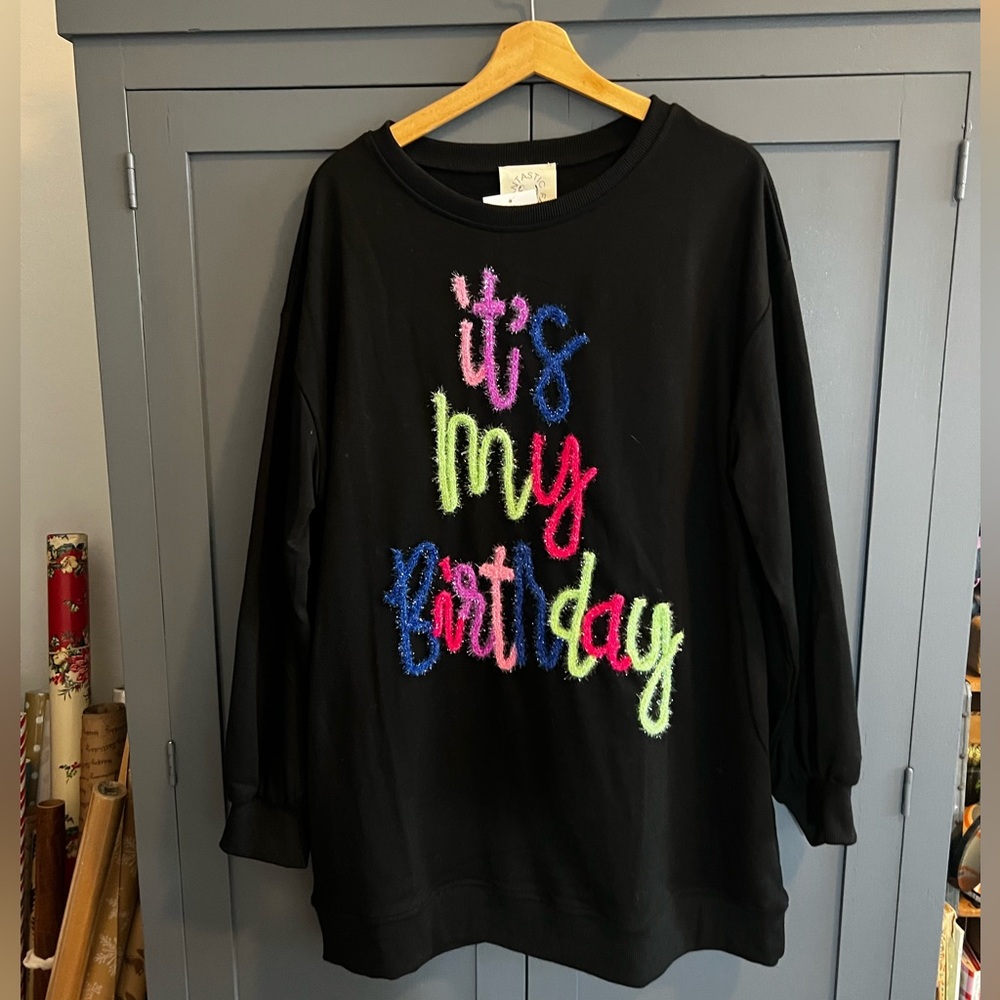 “It’s My Birthday” long, black sweatshirt dress